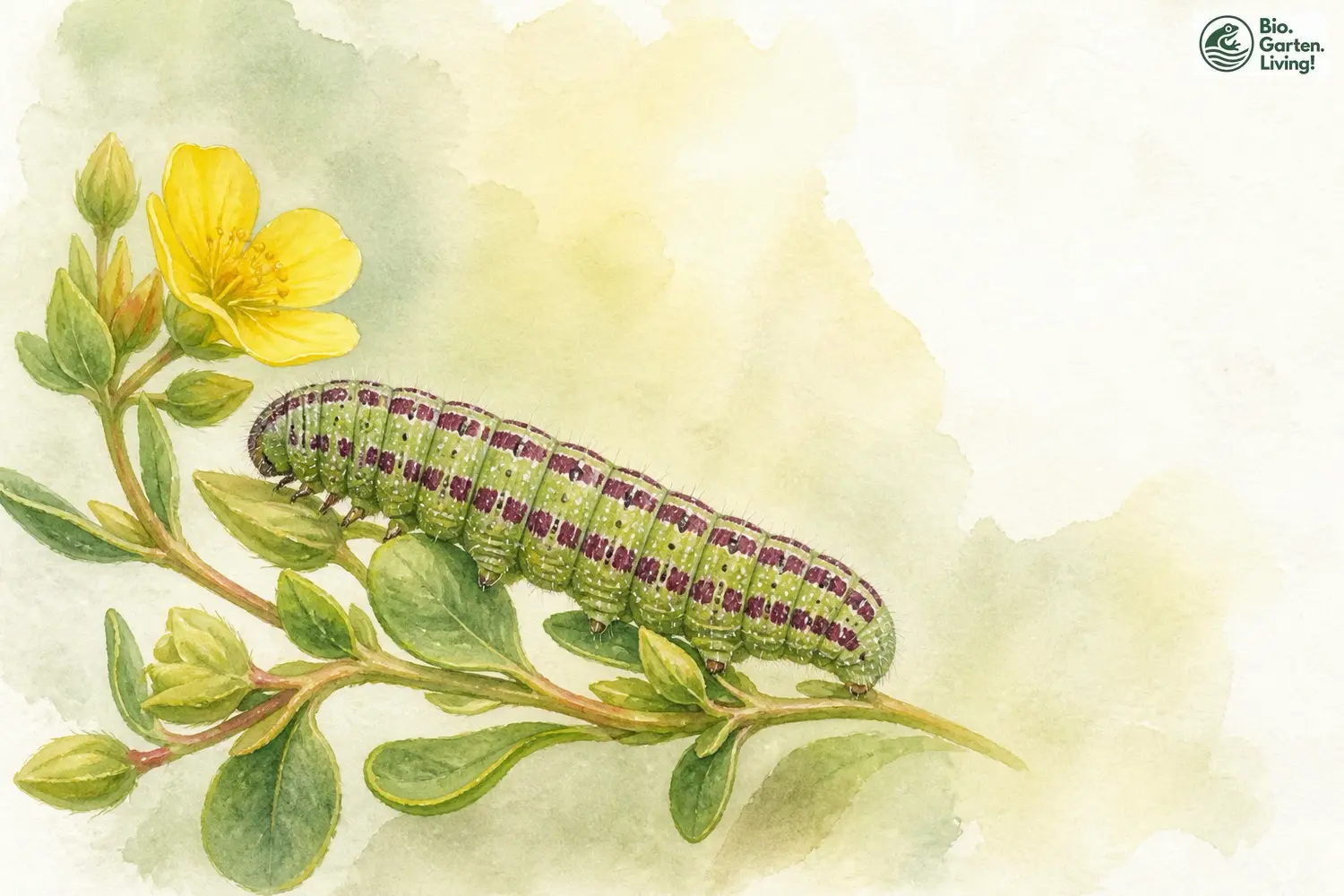 Raupe des Kleinen Sonnenröschen-Bläulings (Aricia agestis) am Gewöhnlichen Sonnenröschen