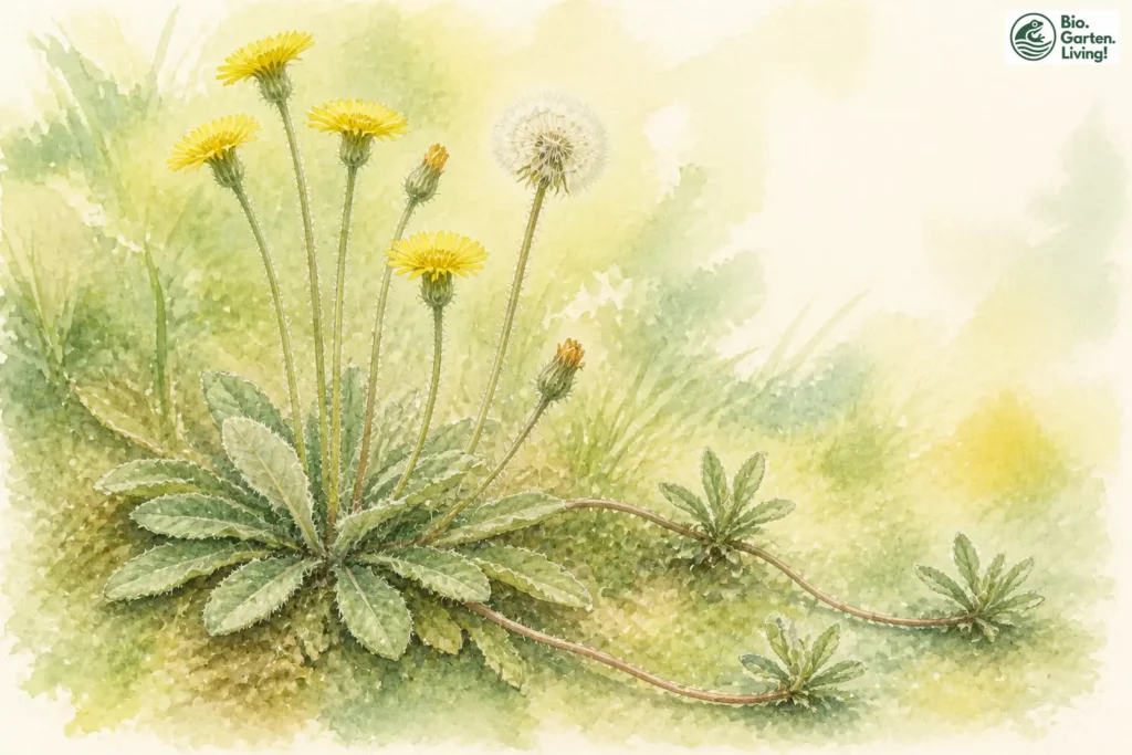 Aquarell des Kleinen Habichtskrauts (Pilosella officinarum) mit gelben Blüten, Blattrosette und Ausläufern