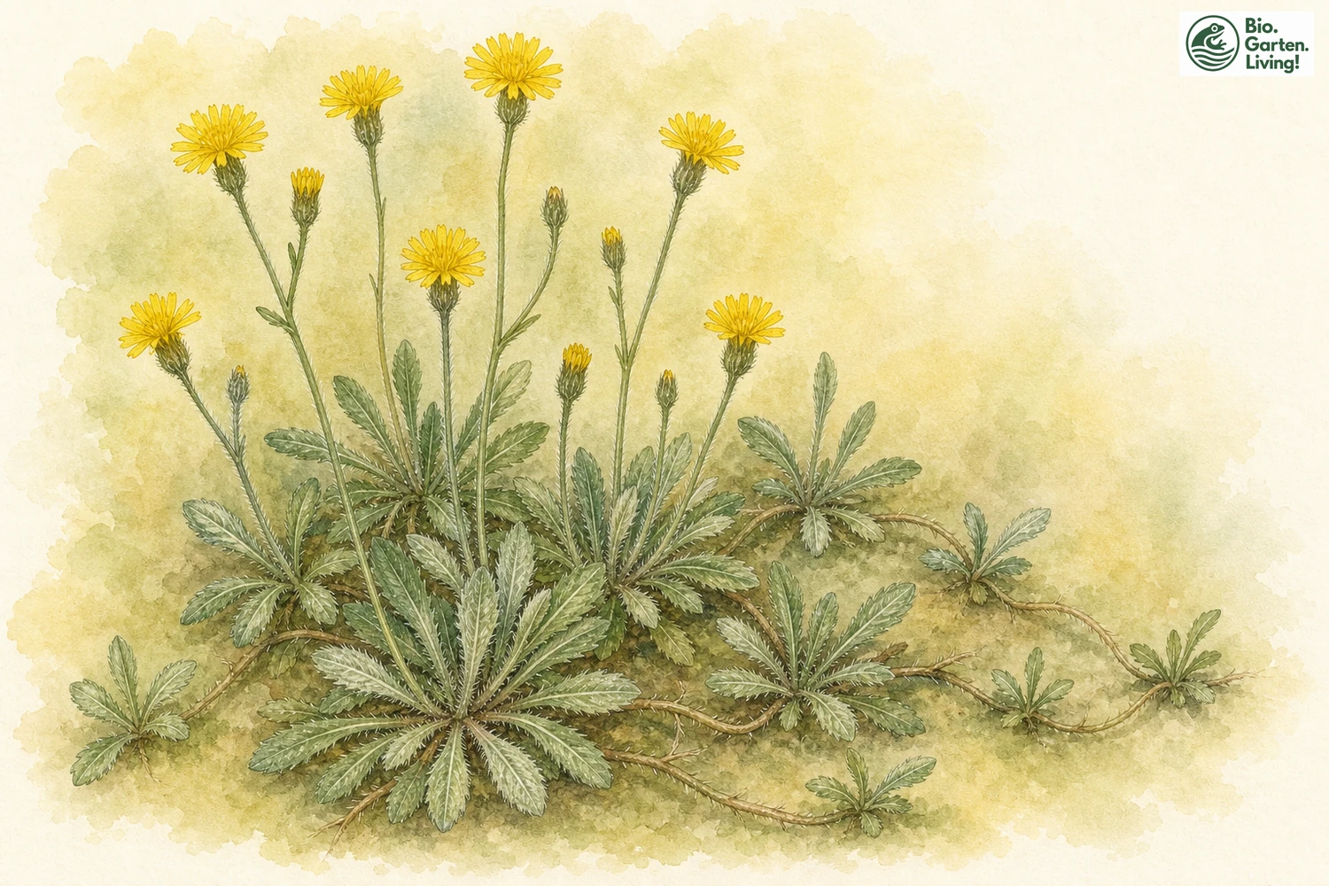 Aquarellillustration des Kleinen Mausohrhabichtskrauts (Pilosella officinarum) mit gelben Blüten und Blattrosetten