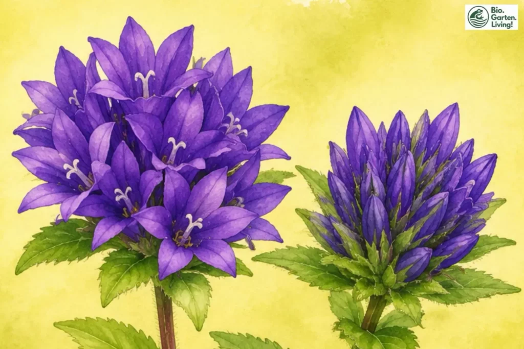 Botanische Aquarellillustration der Knäuel-Glockenblume (Campanula glomerata) mit geöffneter Blüte und Knospen