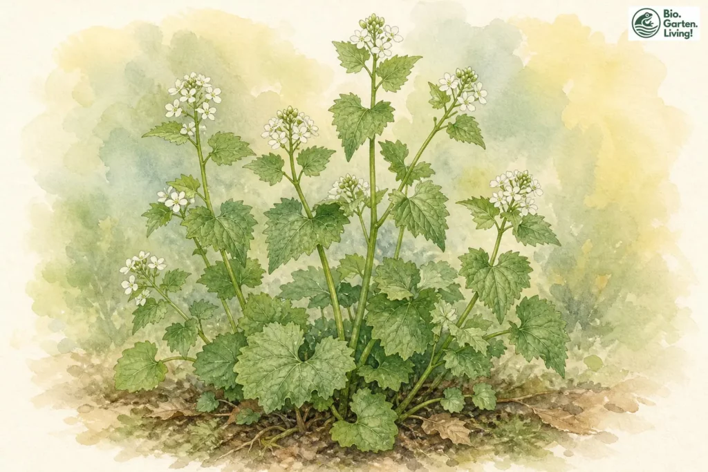 Knoblauchsrauke (Alliaria petiolata) als Aquarell