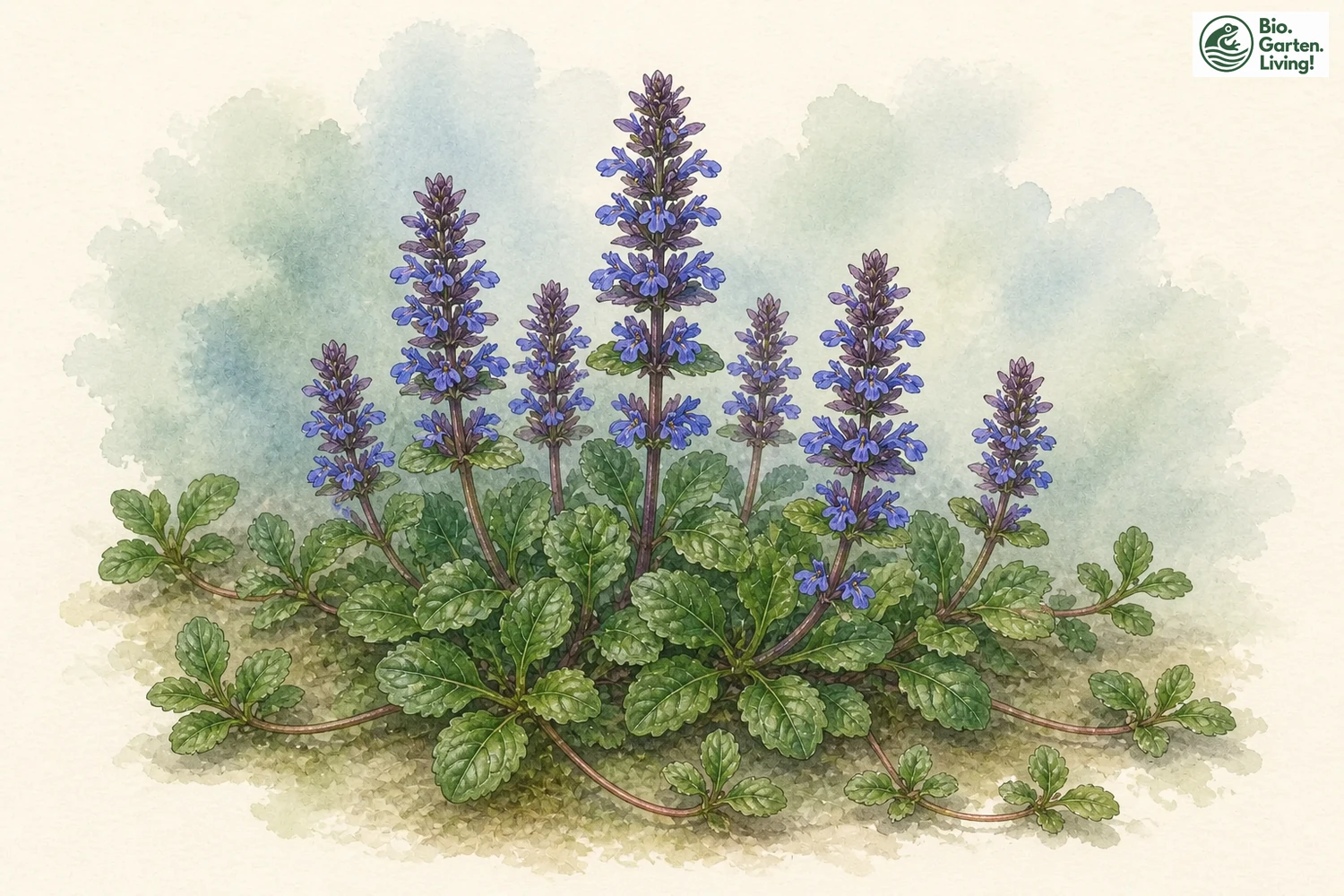 Aquarellillustration des Kriechenden Günsels (Ajuga reptans) mit blauvioletten Blütenständen