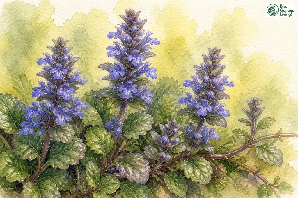 Aquarellillustration des Kriechenden Günsels (Ajuga reptans)