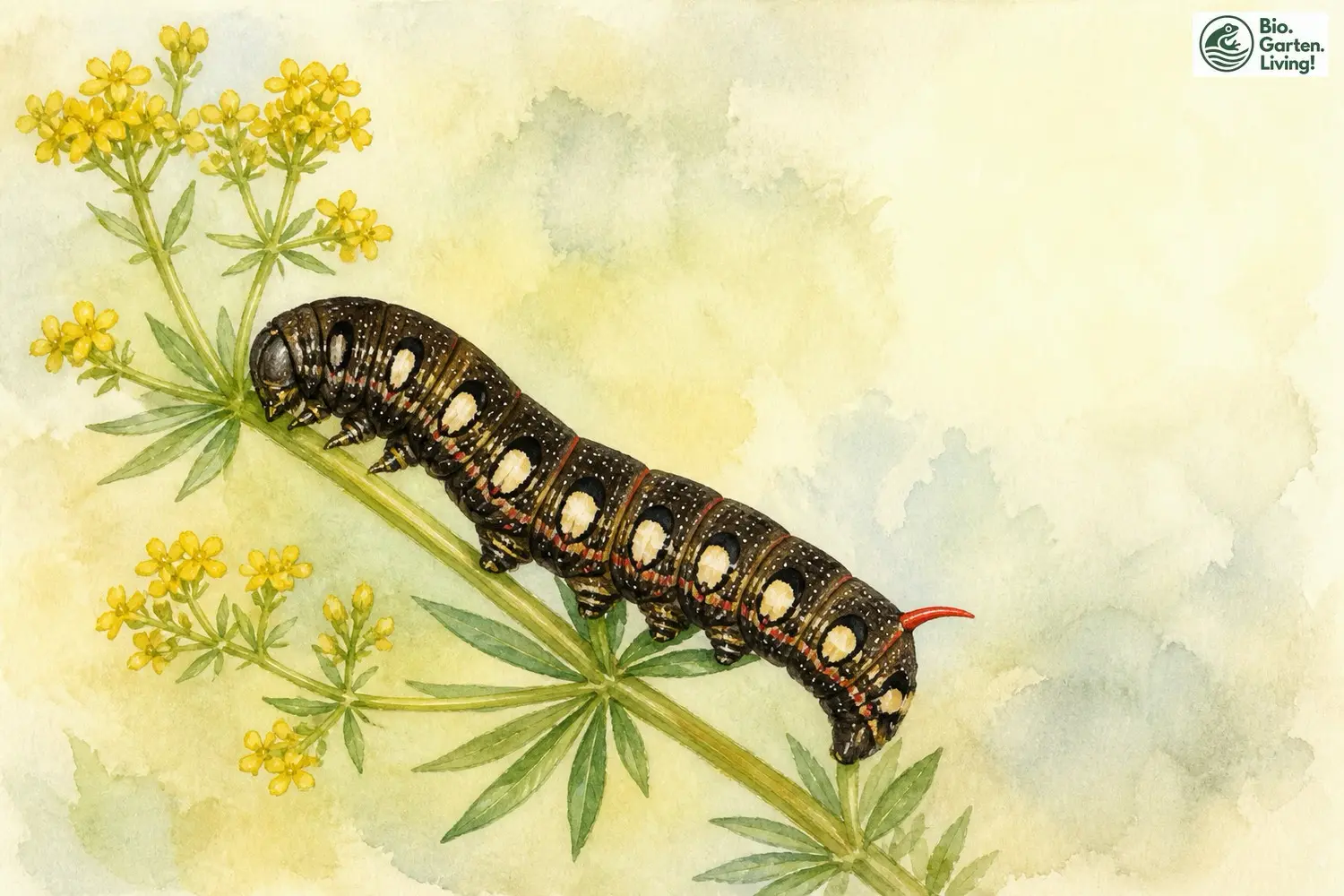 Raupe des Labkrautschwärmers (Hyles gallii) am Echten Labkraut