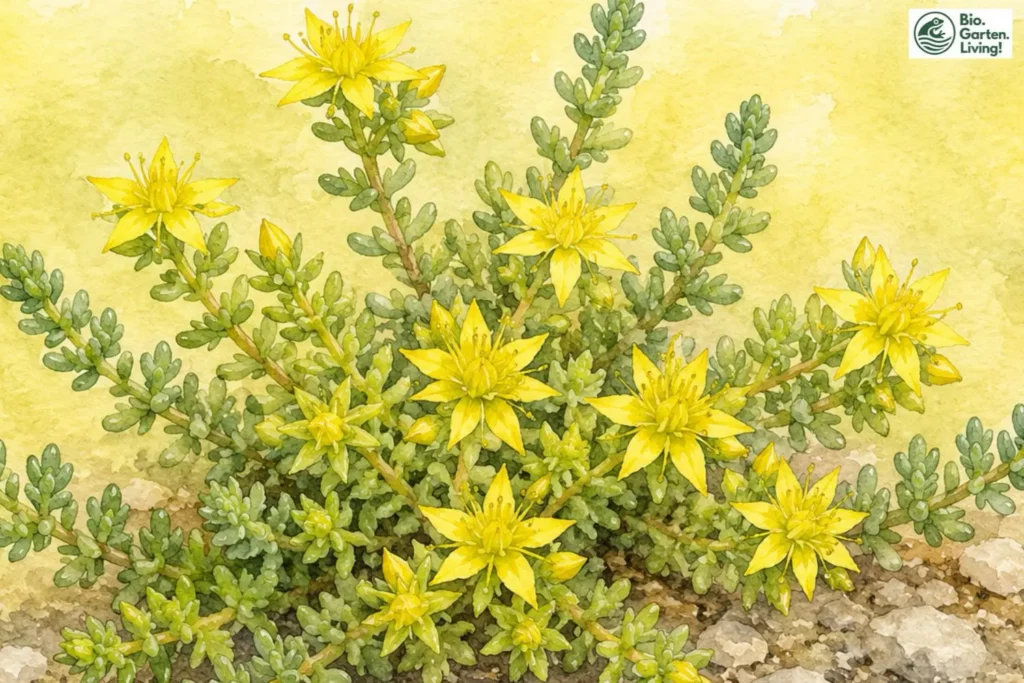 Aquarellillustration des Scharfen Mauerpfeffers (Sedum acre)