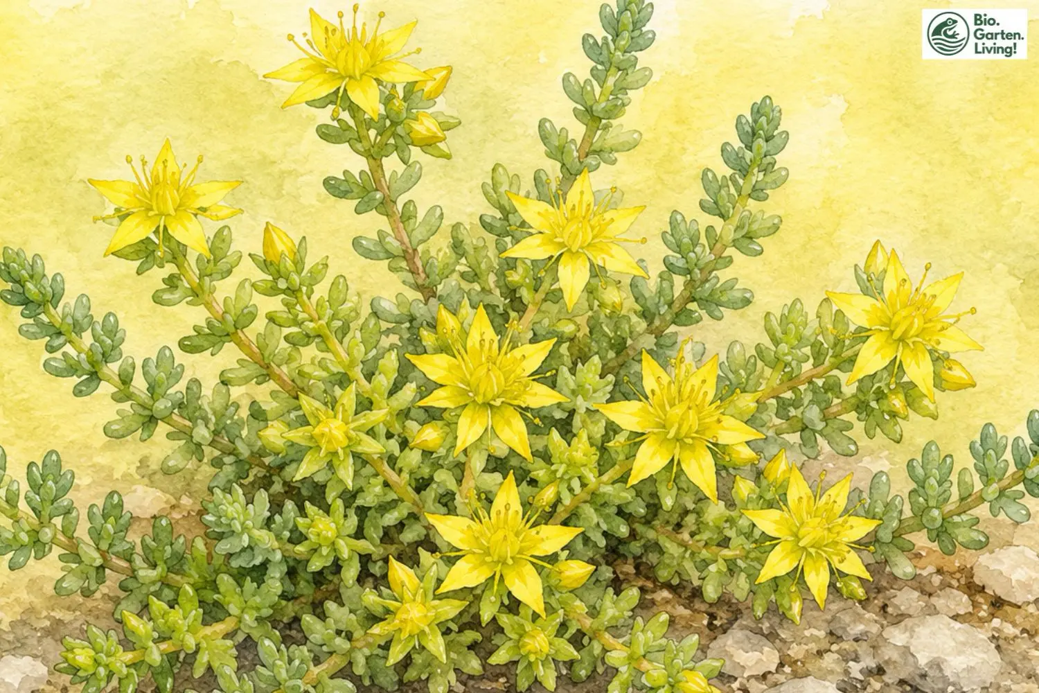 Aquarellillustration des Scharfen Mauerpfeffers (Sedum acre)
