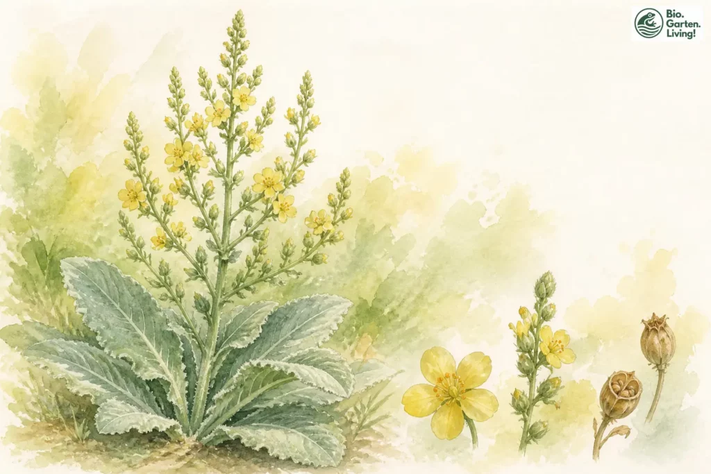 Aquarell der Mehligen Königskerze (Verbascum lychnitis) mit verzweigtem Blütenstand und gelben Blüten