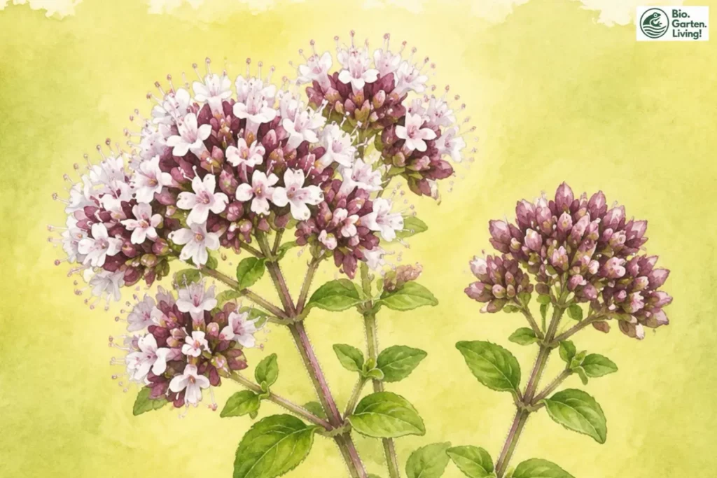 Botanische Aquarellillustration des Oreganos (Origanum vulgare) mit Blütenständen