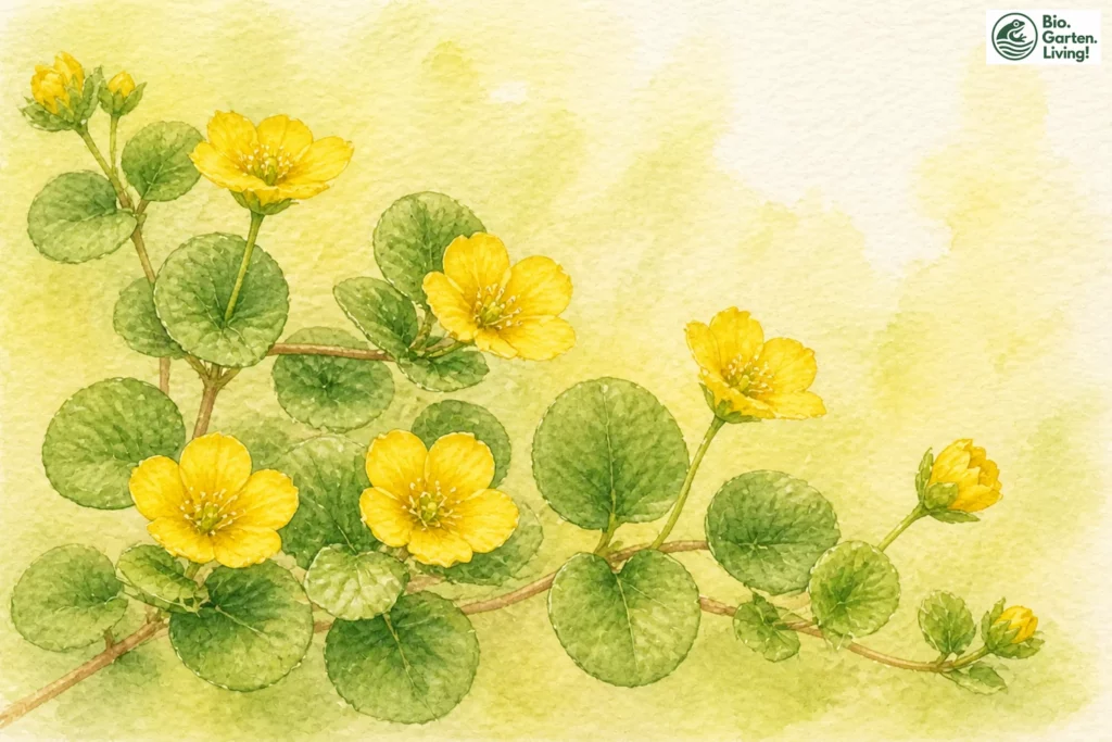 Aquarellillustration des Pfennigkrauts (Lysimachia nummularia) mit gelben Blüten