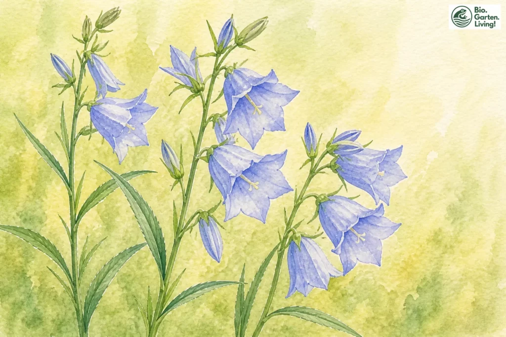Aquarellillustration der Pfirsichblättrigen Glockenblume (Campanula persicifolia)