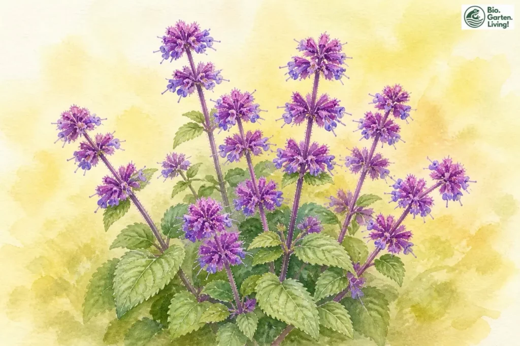 Aquarell des Quirlblütigen Salbeis (Salvia verticillata) mit violetten Blütenquirlen