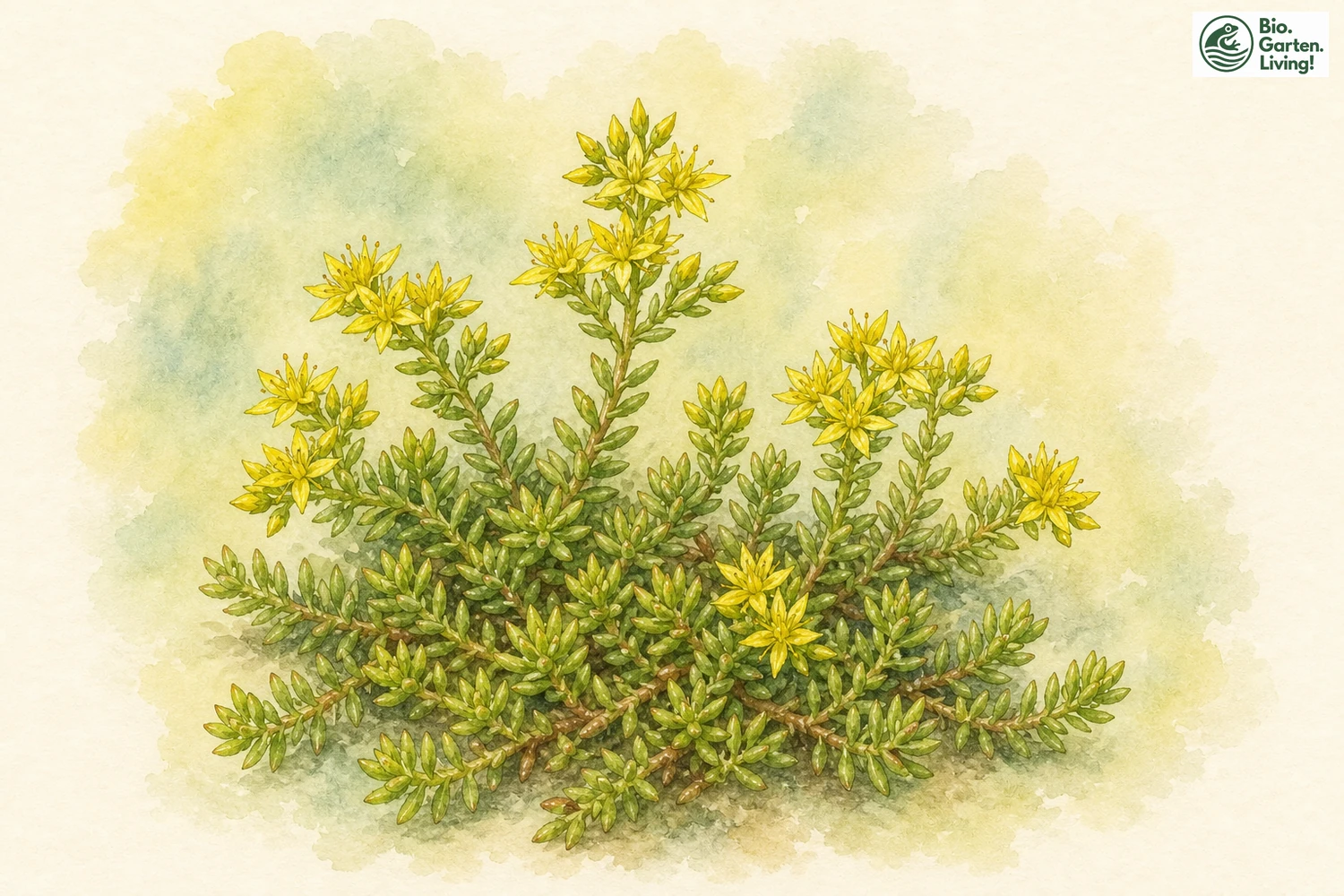 Aquarellillustration des Scharfen Mauerpfeffers (Sedum acre) mit gelben Blüten und sukkulenten Blättern