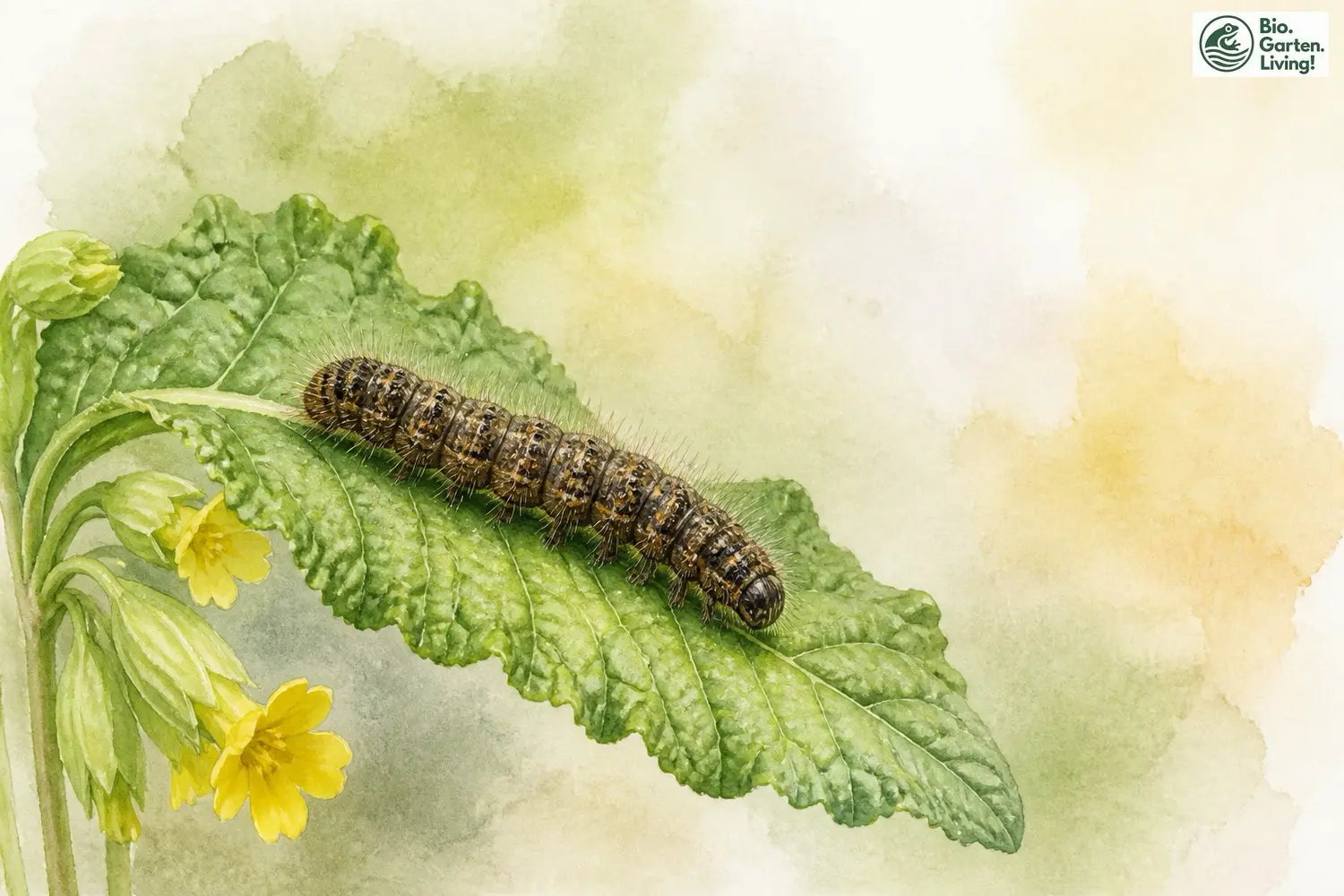 Raupe des Schlüsselblumen-Würfelfalters (Hamearis lucina) an der Wiesen-Schlüsselblume
