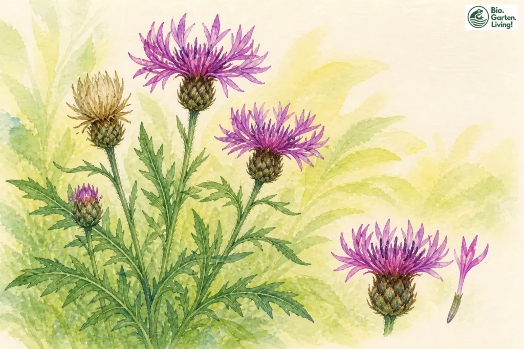 Aquarell der Skabiosen-Flockenblume (Centaurea scabiosa) mit purpurfarbenen Blüten und fiederteiligen Blättern