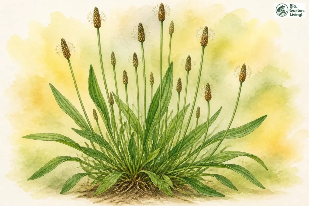 Spitzwegerich (Plantago lanceolata) als Aquarell