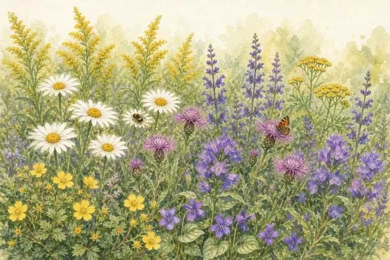 Aquarellillustration eines heimischen Staudenbeets mit Blüten vom Frühjahr bis in den Herbst