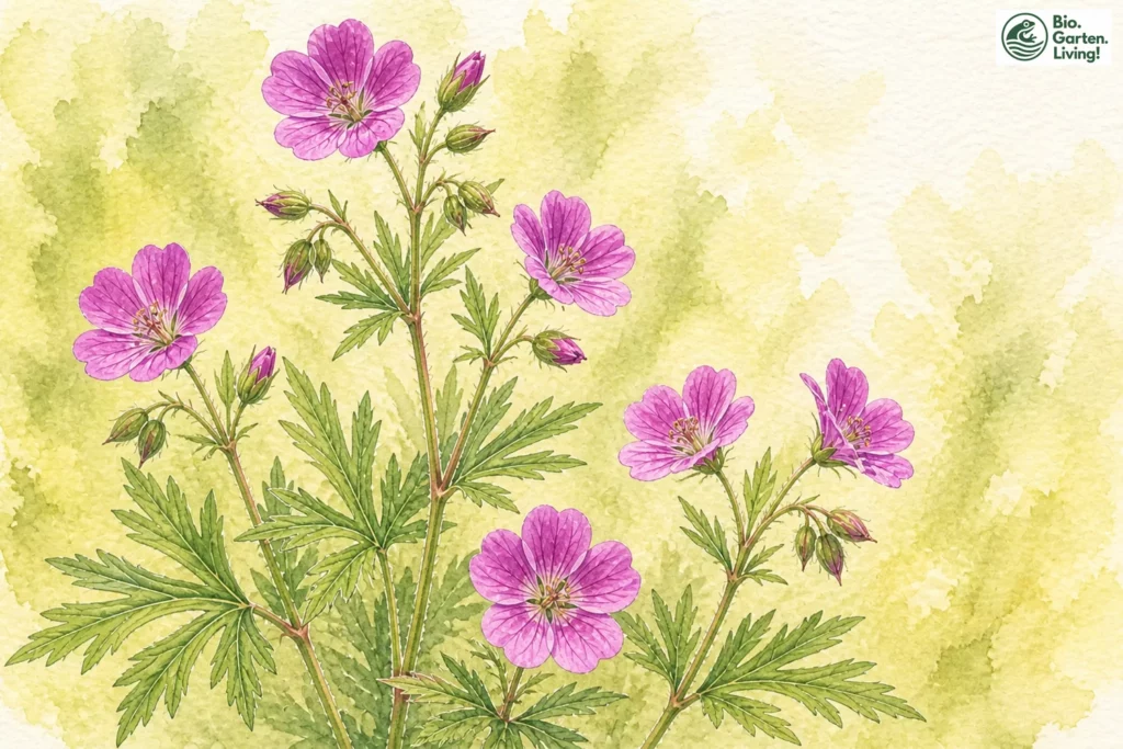 Aquarellillustration des Sumpf-Storchschnabels (Geranium palustre)