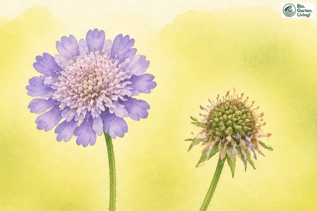 Botanische Aquarellillustration der Tauben-Skabiose (Scabiosa columbaria) mit Blüte und Samenstand