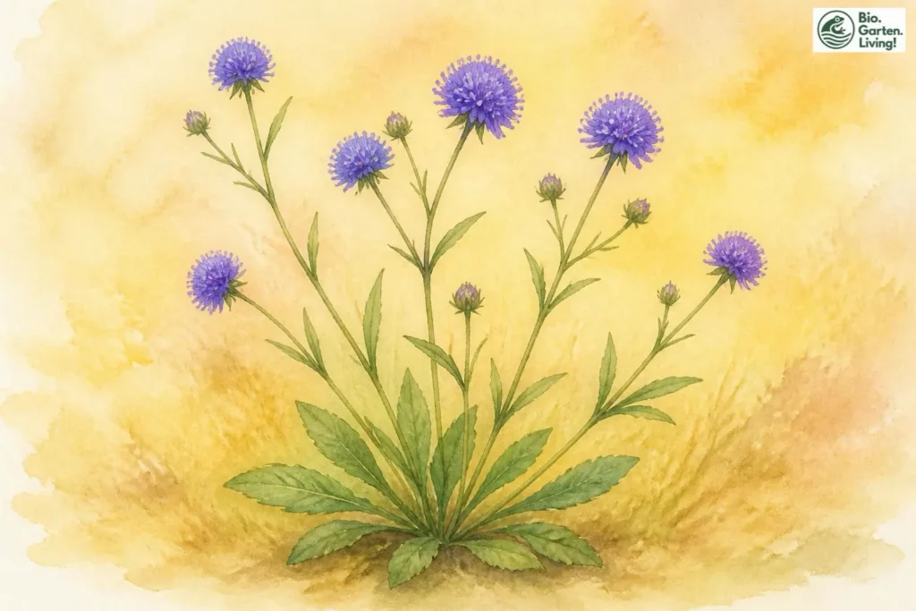 Aquarell des Teufelsabbisses (Succisa pratensis) mit kugeligen blauvioletten Blütenköpfen