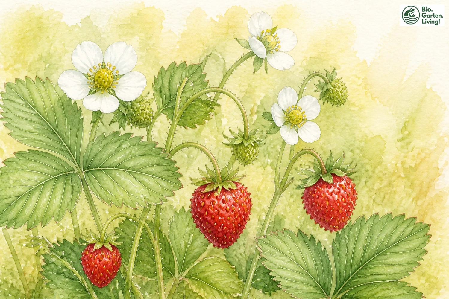 Aquarellillustration der Wald-Erdbeere (Fragaria vesca var. vesca)