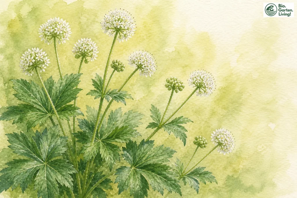 Aquarellillustration des Wald-Sanikels (Sanicula europaea)