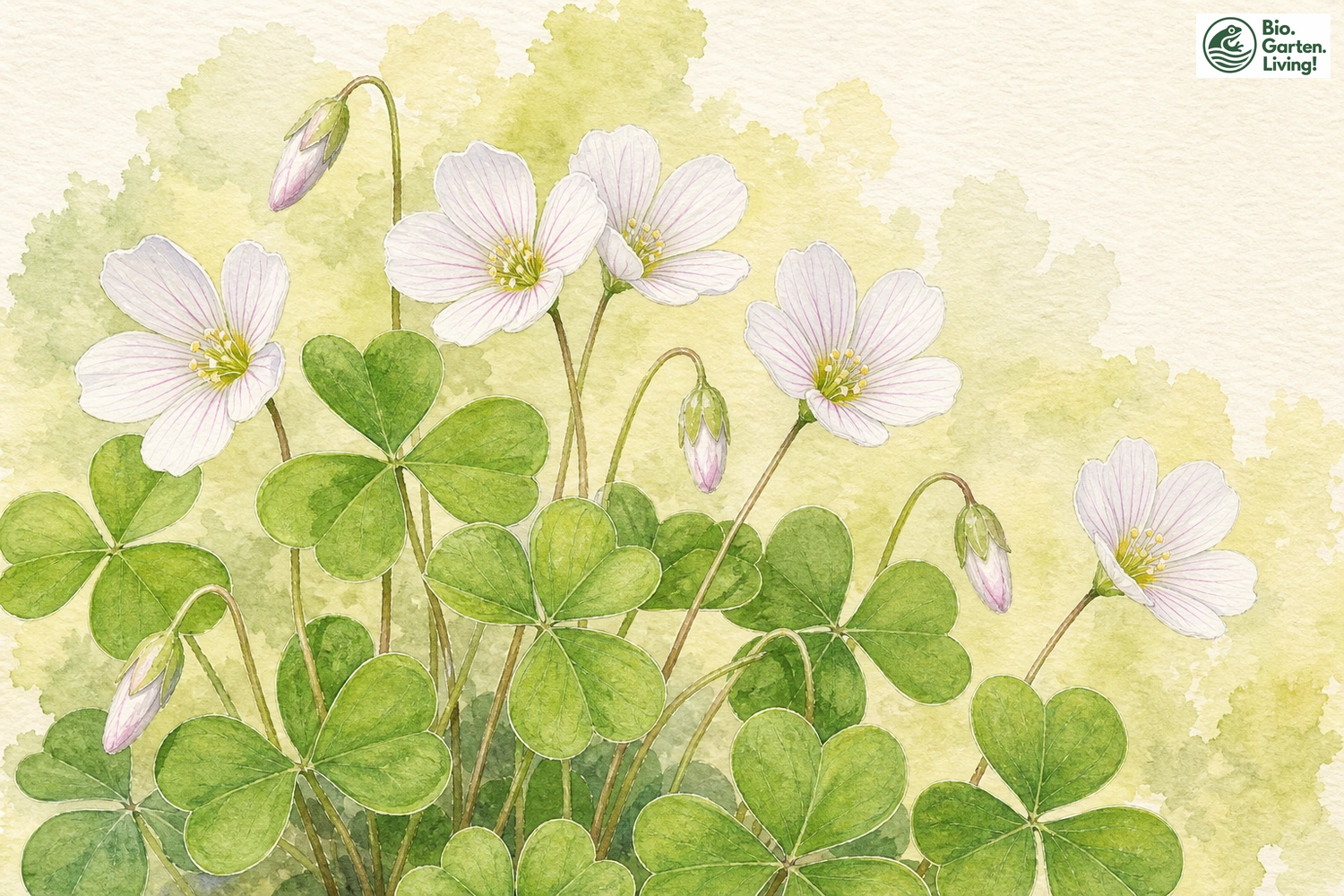 Aquarellillustration des Wald-Sauerklees (Oxalis acetosella)