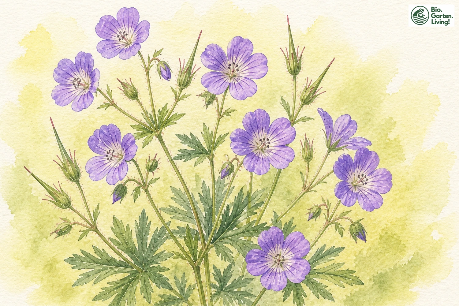 Aquarellillustration des Wald-Storchschnabels (Geranium sylvaticum)