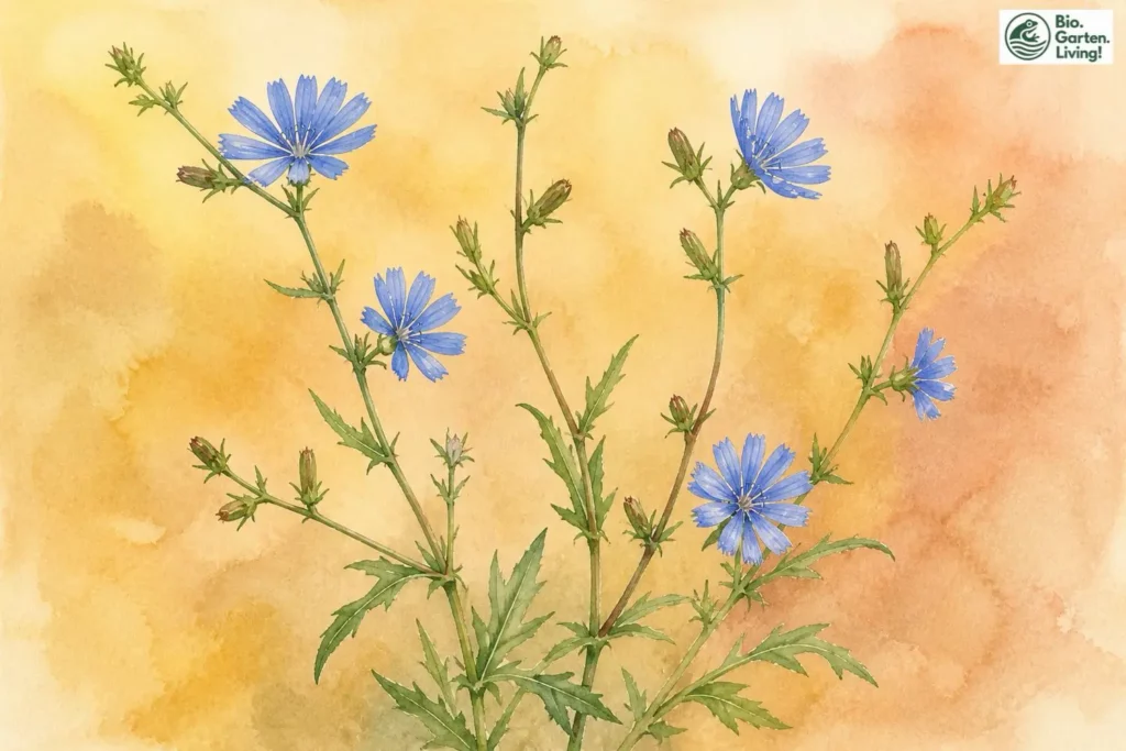 Aquarell der Wegwarte (Cichorium intybus) mit himmelblauen Blüten