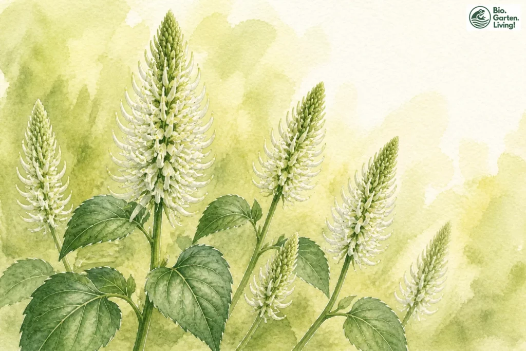 Aquarellillustration der Weißen Teufelskralle (Phyteuma spicatum)