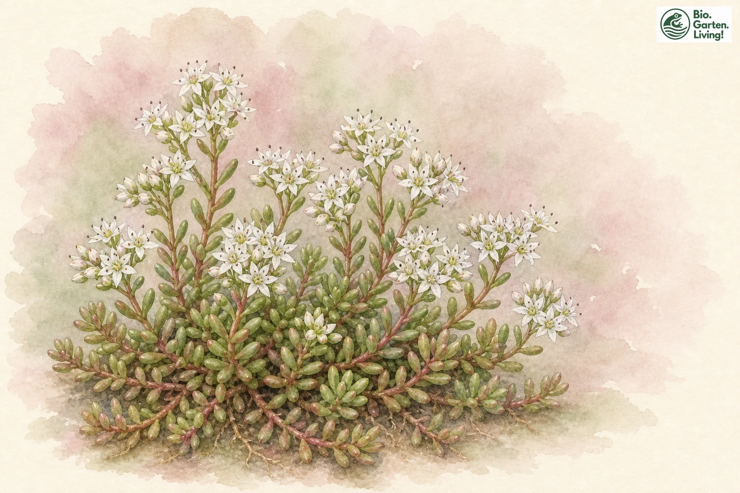 Aquarellillustration des Weißen Mauerpfeffers (Sedum album) mit weißen Blüten und fleischigen Blättern
