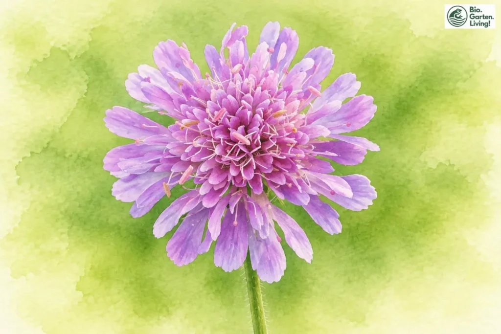 Botanische Aquarellillustration der Wiesen-Witwenblume (Knautia arvensis)