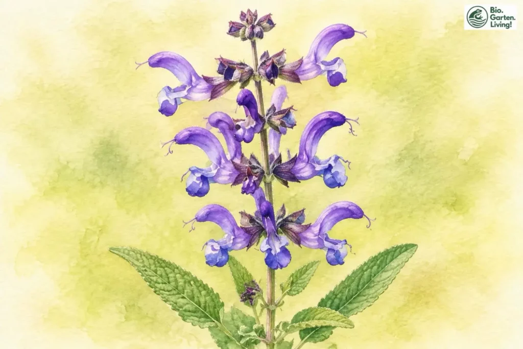 Botanische Aquarellillustration des Wiesensalbeis (Salvia pratensis) mit violetten Lippenblüten