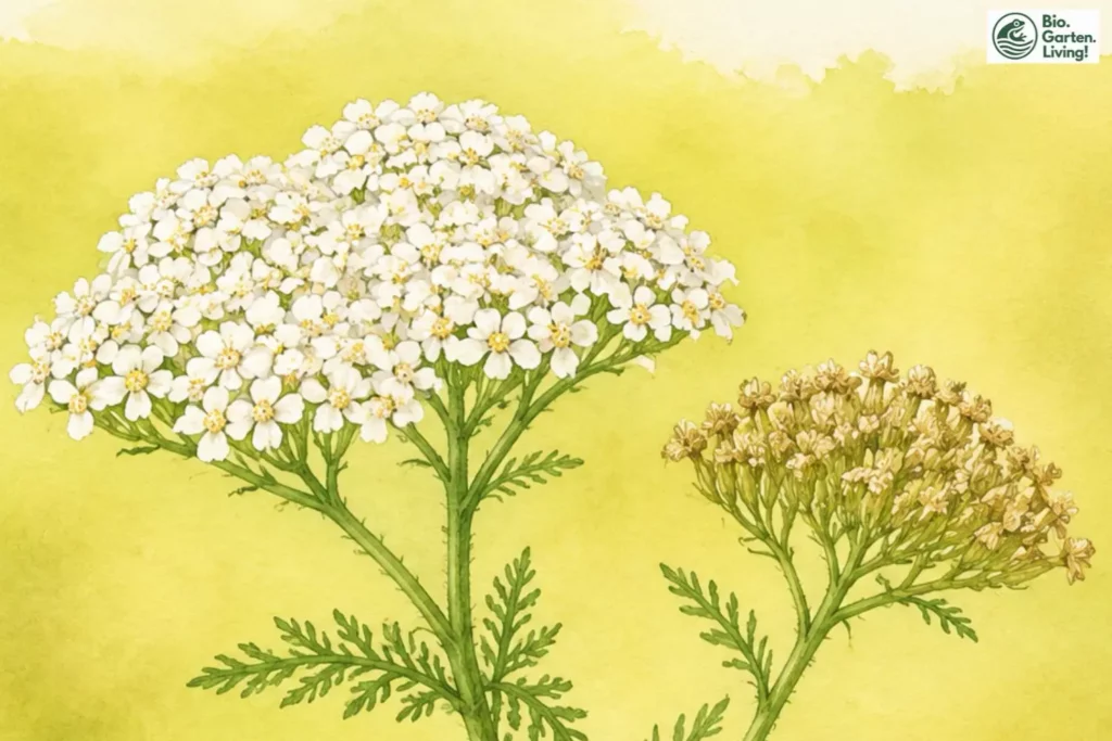 Botanische Aquarellillustration der Gewöhnlichen Wiesenschafgarbe (Achillea millefolium) mit Blüte und Samenstand