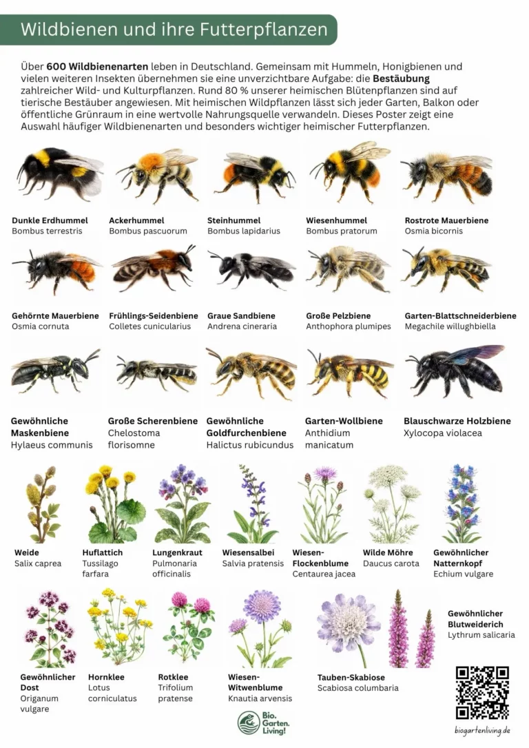 Poster mit häufigen Wildbienenarten und wichtigen heimischen Futterpflanzen in Deutschland.