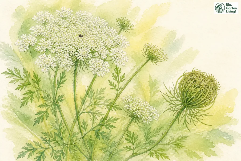 Aquarell der Wilden Möhre (Daucus carota) mit weißen Blütendolden und eingerolltem Samenstand