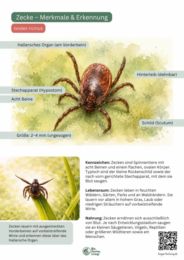 Steckbrief einer Zecke mit beschrifteten Merkmalen wie Hallerschem Organ, Stechapparat, Scutum und acht Beinen.