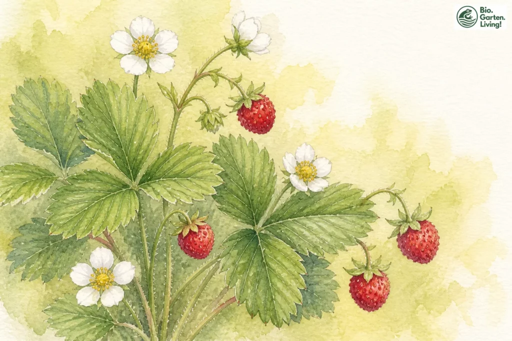 Aquarellillustration der Zimt-Erdbeere (Fragaria moschata) mit Blüten und Früchten