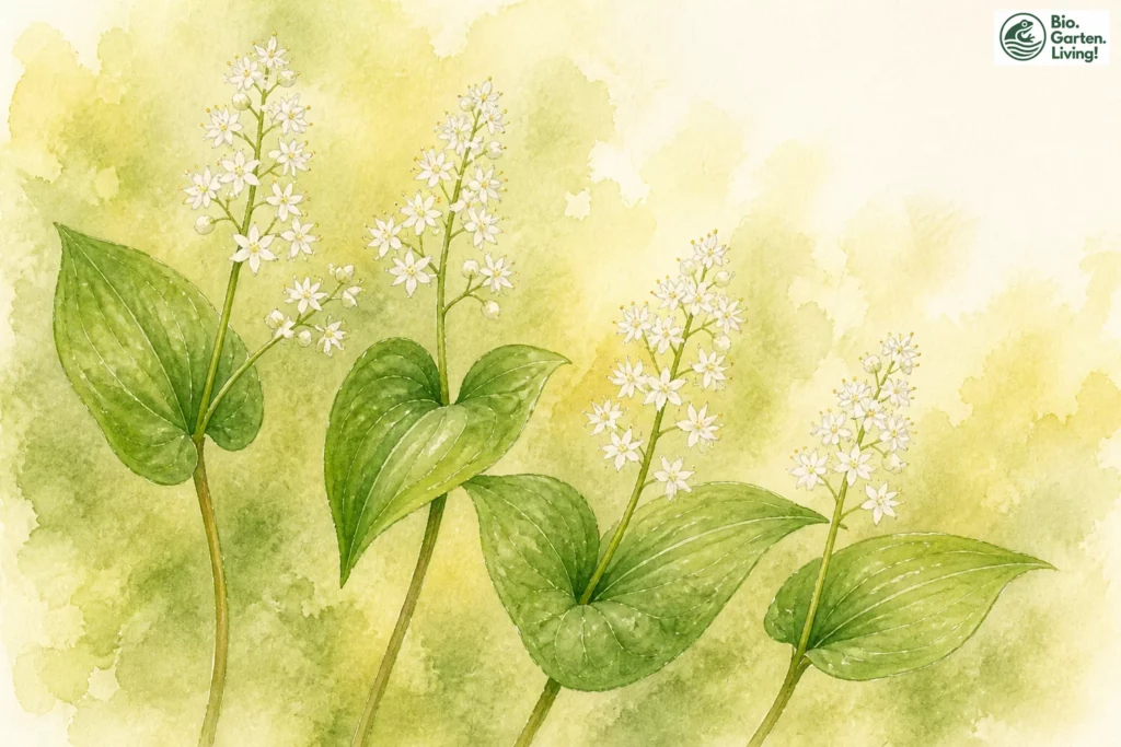 Aquarellillustration der Zweiblättrigen Schattenblume (Maianthemum bifolium)