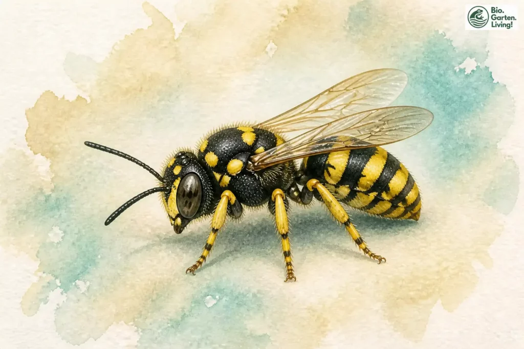 Aquarell der Zwergharzbiene (Anthidiellum strigatum)