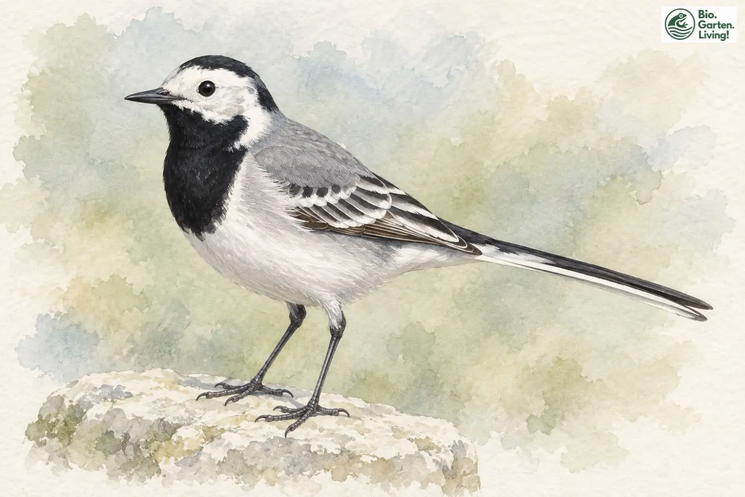 Bachstelze mit schwarz-weißem Gefieder und langem Schwanz auf einem Stein als Aquarell.