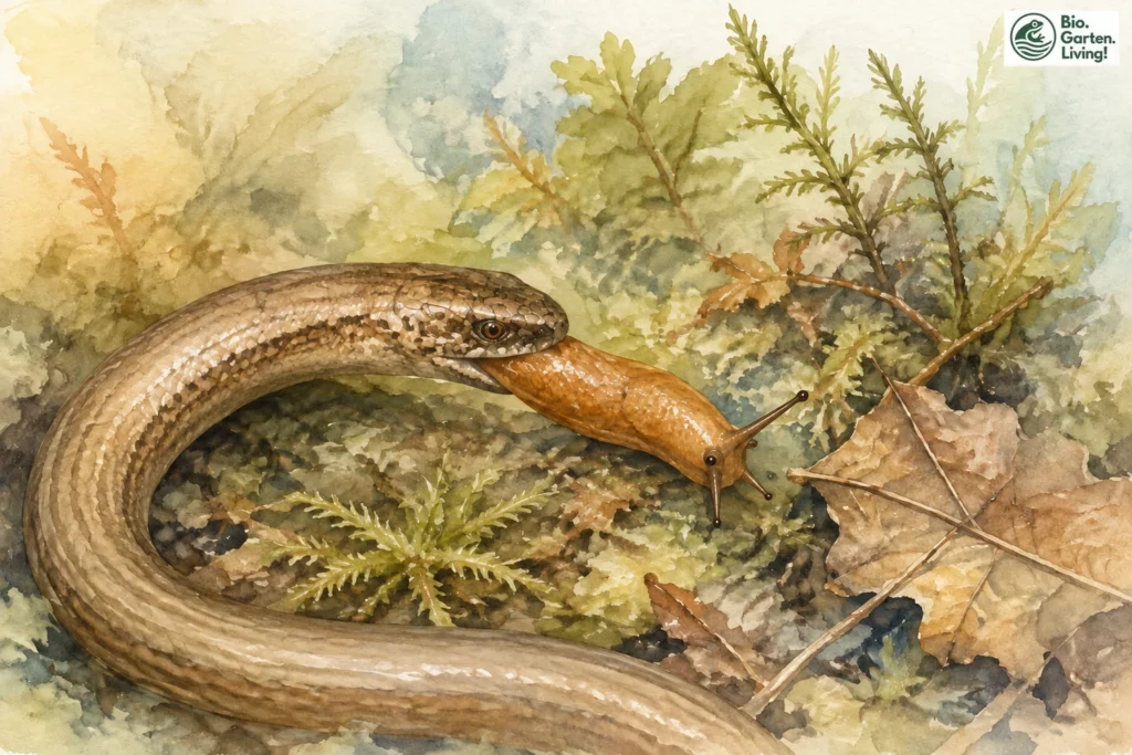 Blindschleiche frisst eine Nacktschnecke auf dem Waldboden