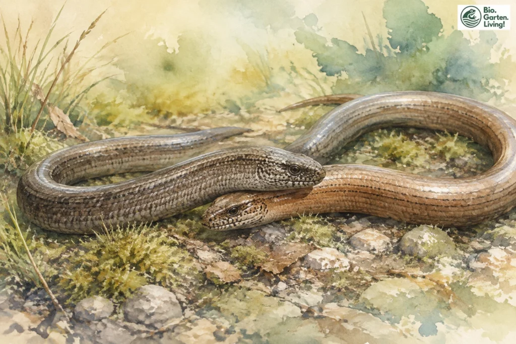 Zwei Blindschleichen bei der Paarung auf dem Waldboden