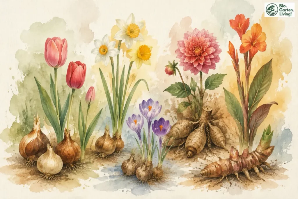 Aquarell verschiedener Blumenzwiebeln, Knollen und Rhizome mit ihren Blüten