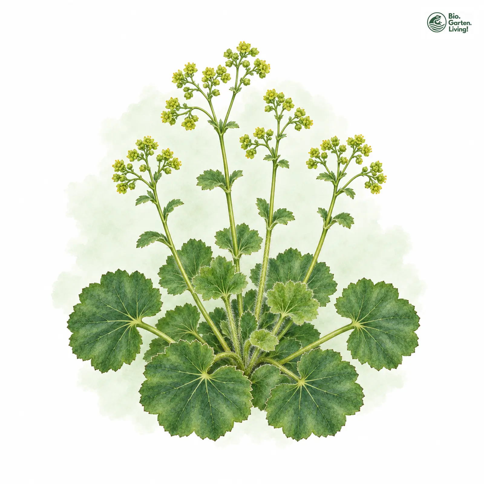 Aquarellzeichnung: Halbmond-Frauenmantel (Alchemilla lunaria)