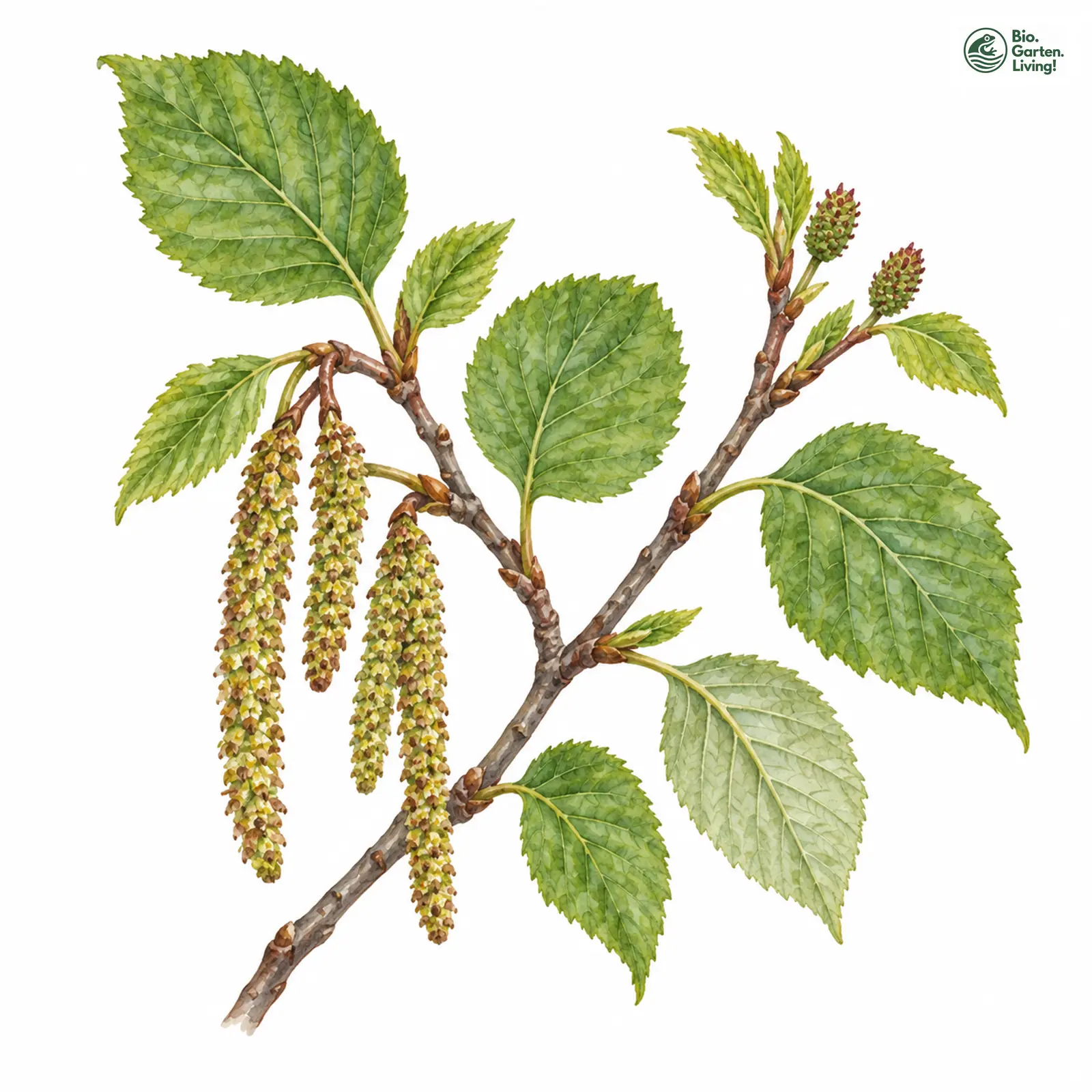 Aquarellzeichnung: Grün-Erle (Alnus alnobetula)