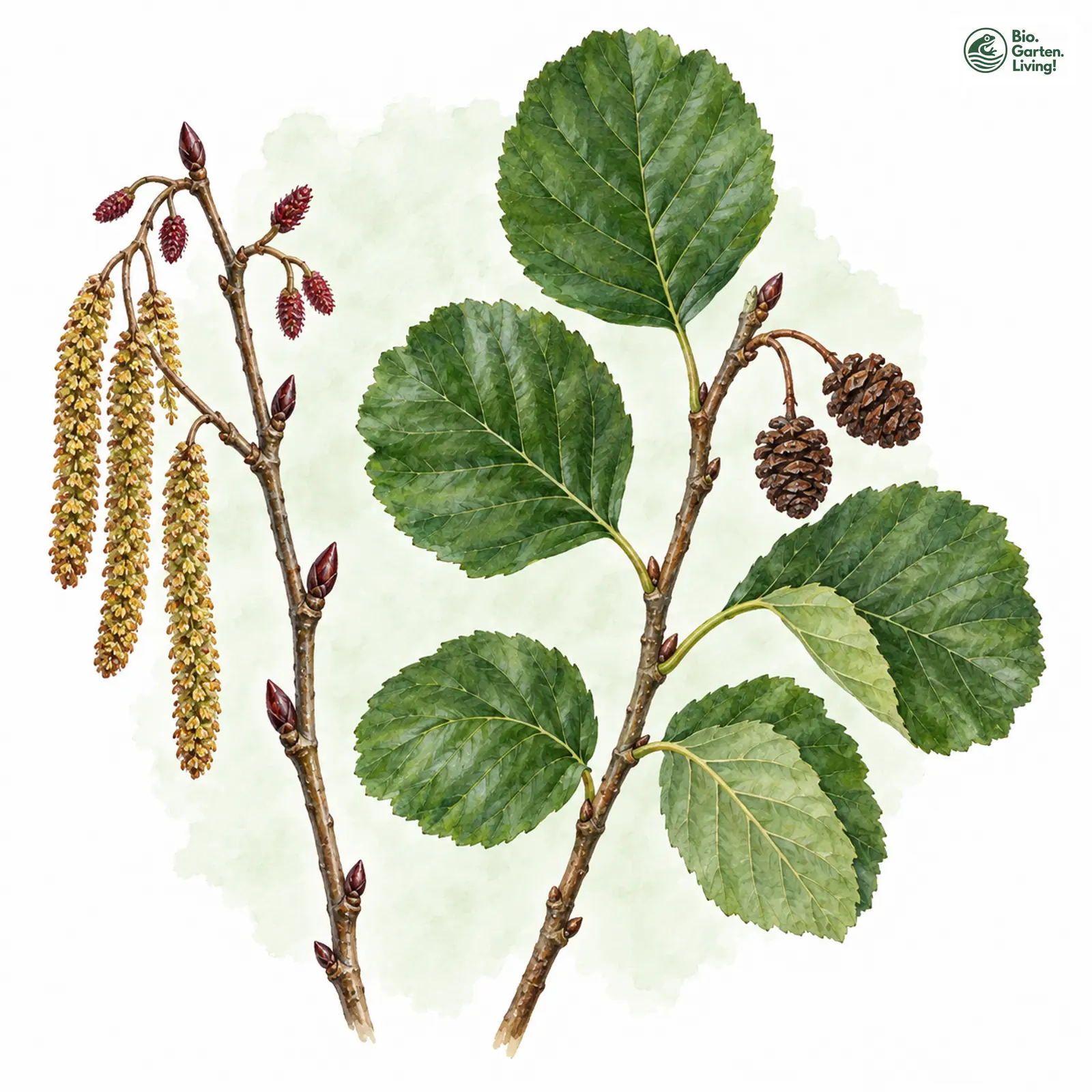 Aquarellzeichnung: Schwarz-Erle (Alnus glutinosa)