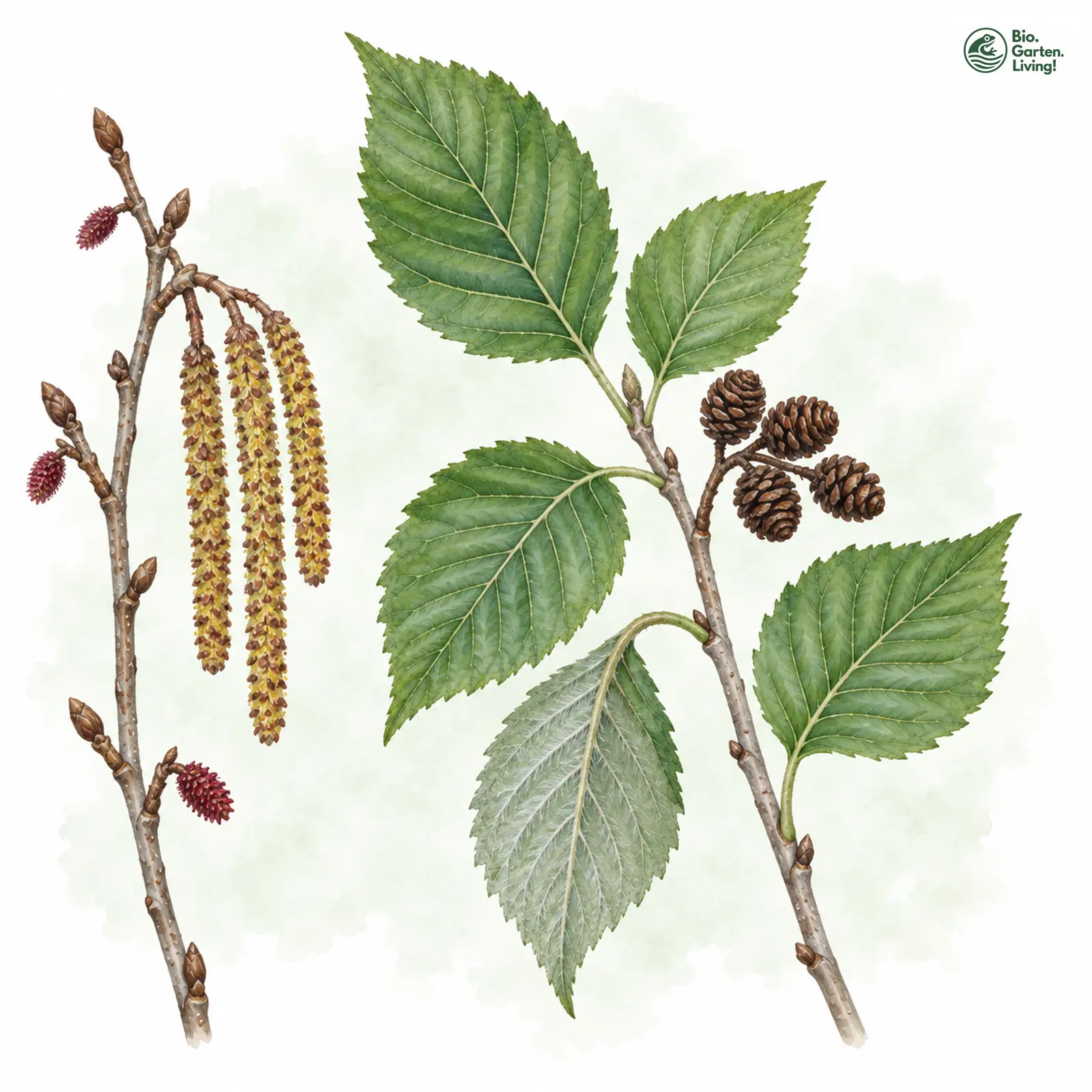 Aquarellzeichnung: Grau-Erle (Alnus incana)