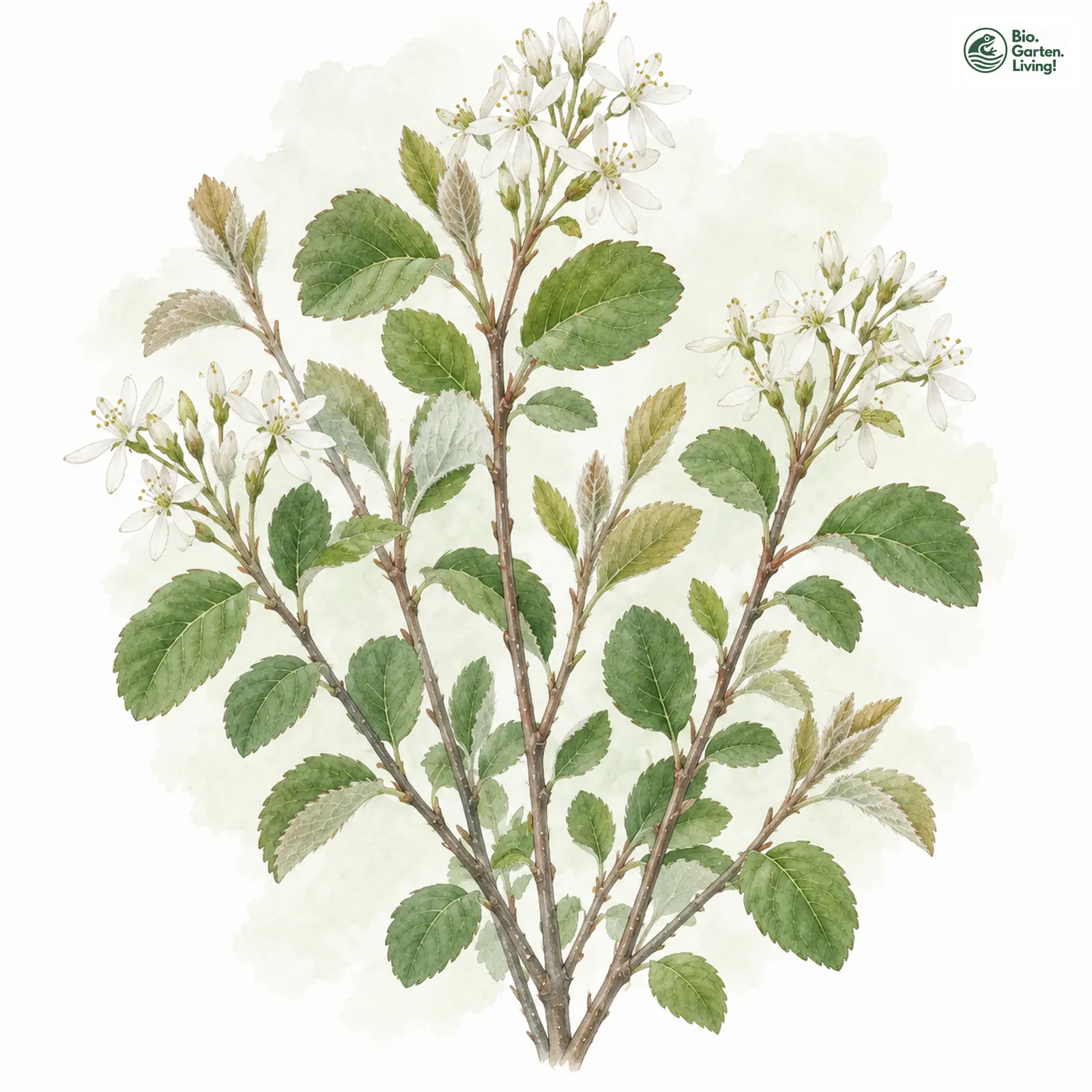 Aquarellzeichnung: Embergers Felsenbirne (Amelanchier embergeri)