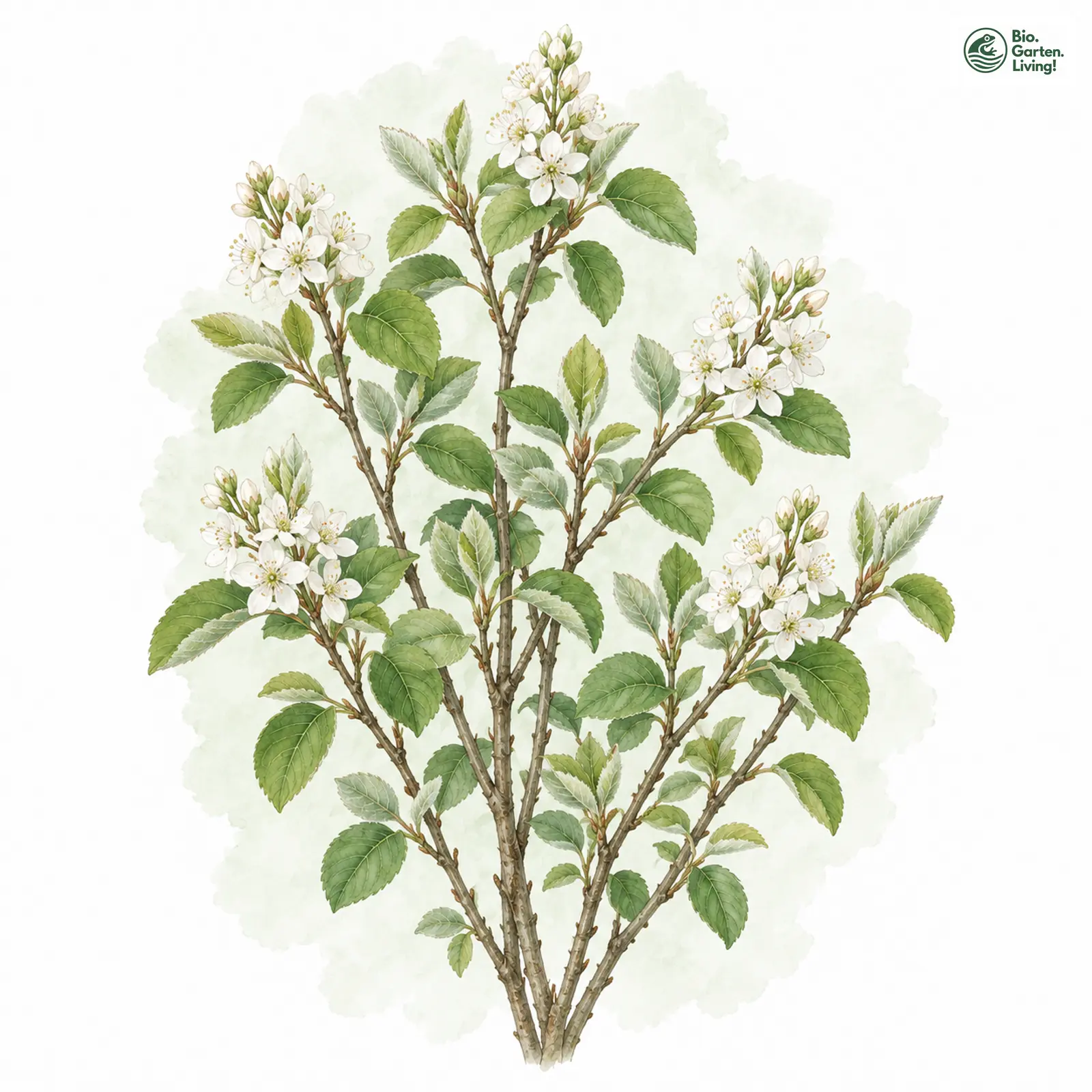 Aquarellzeichnung: Echte Felsenbirne (Amelanchier ovalis (im weiteren Sinne))