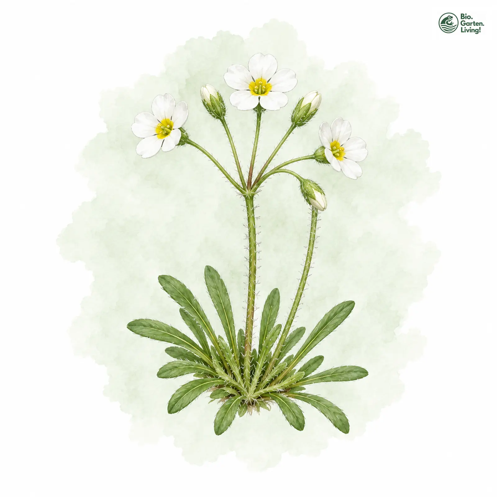 Aquarellzeichnung: Stumpfblättriger Mannsschild (Androsace obtusifolia)